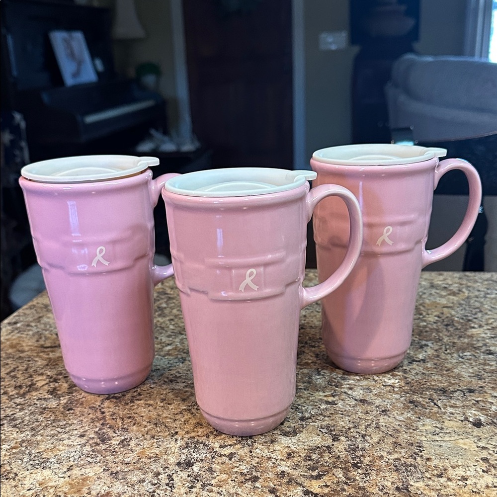 LONGABERGER POTTERY PINK HOPE CANCER AWARENESS TALL TRAVEL COFFEE MUGS CUPS